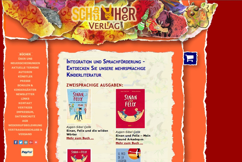 Seite aus dem Verlagsprogramm des SchauHoer-Verlags mit integriertem PayPal-Shop.